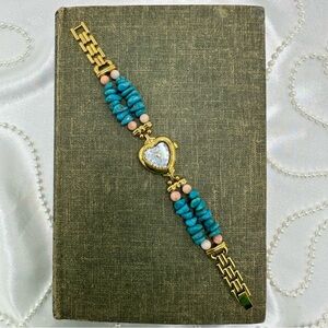 Gold Blue and Pink Beaded Band Watch with Mother of Pearl Heart Dial